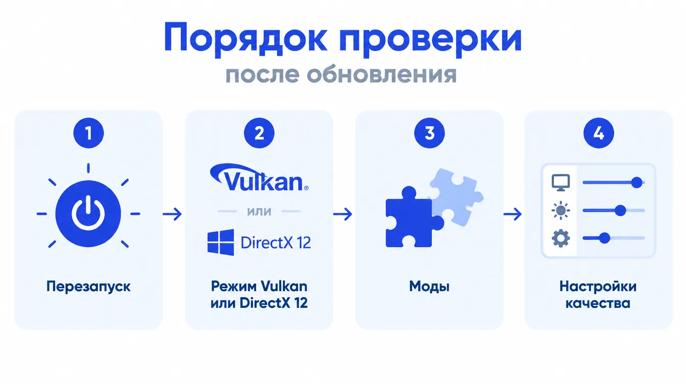 Схема: порядок проверки после обновления — перезапуск, режим Vulkan или DirectX 12, моды, настройки качества