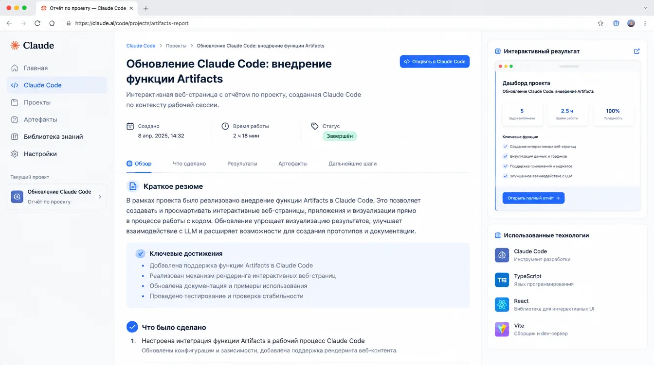 Скриншот: интерактивная веб-страница с отчётом по проекту, созданная Claude Code по контексту рабочей сессии