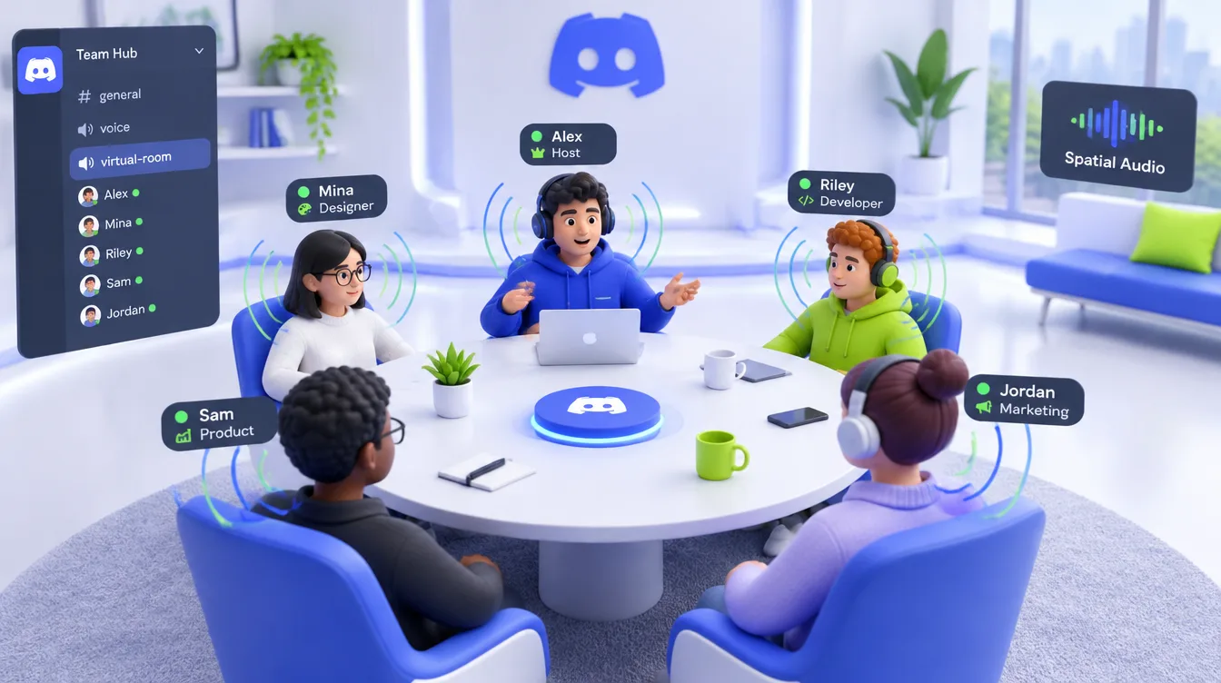 Концепт: виртуальная комната Discord с аватарами участников, сидящих вокруг стола, и подписями позиций