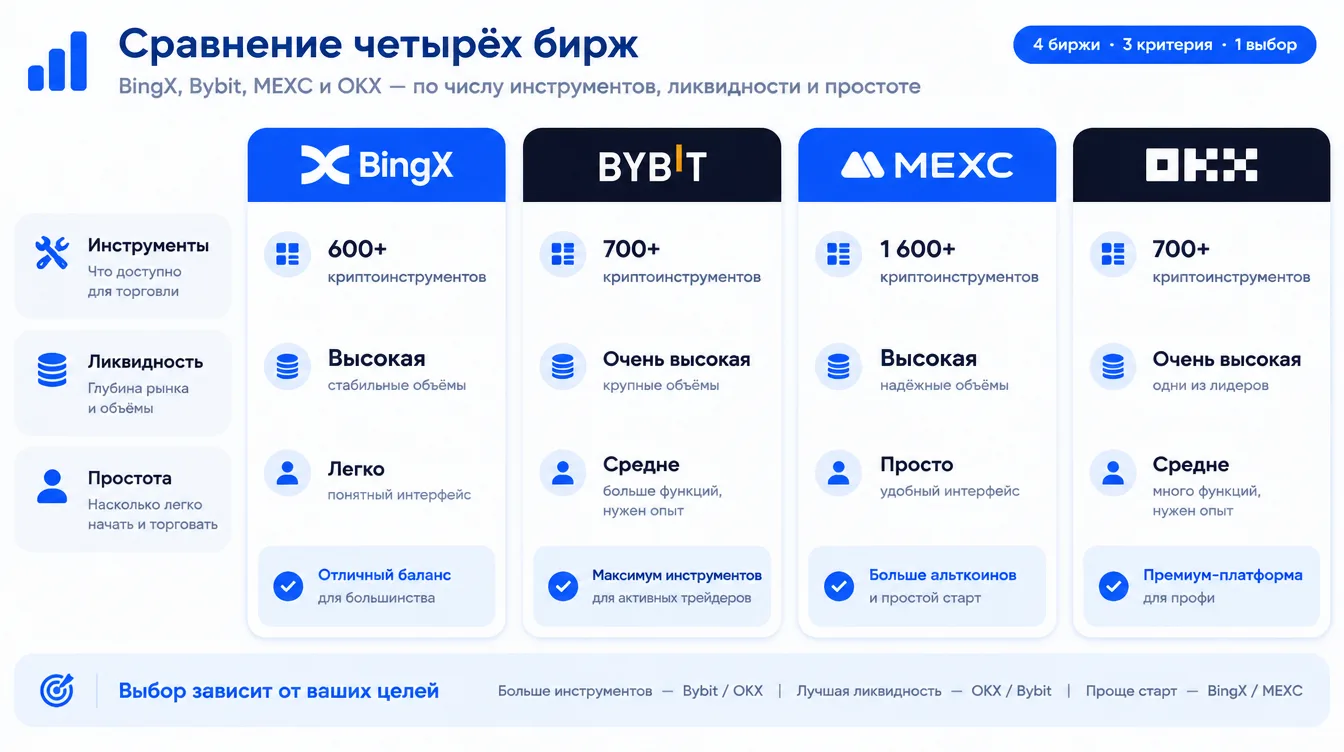 Схема: сравнение четырёх бирж — BingX, Bybit, MEXC и OKX — по числу инструментов, ликвидности и простоте