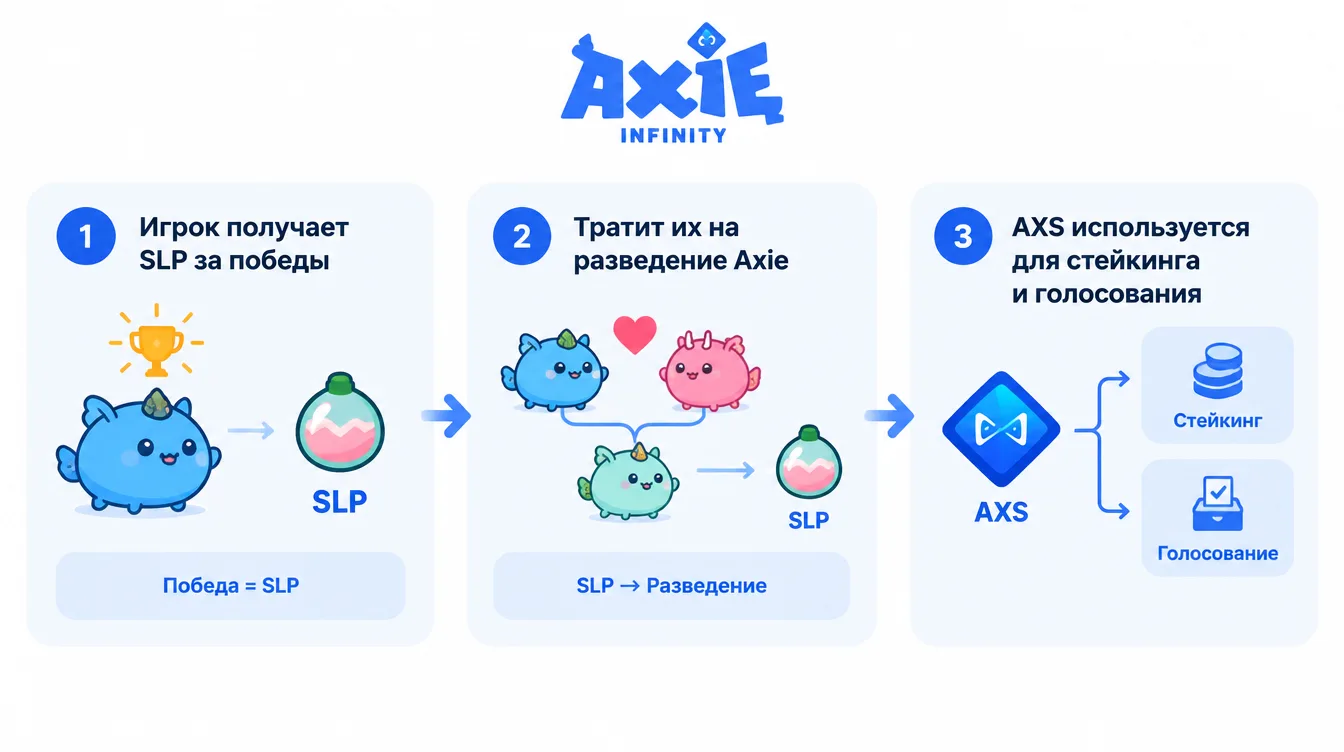 Схема: игрок получает SLP за победы, тратит их на разведение Axie, а AXS используется для стейкинга и голосования