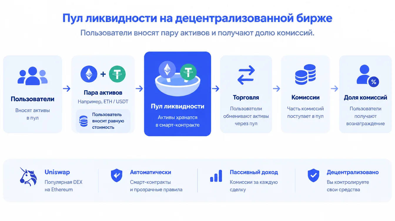 Схема: пул ликвидности на децентрализованной бирже, где пользователи вносят пару активов и получают долю комиссий