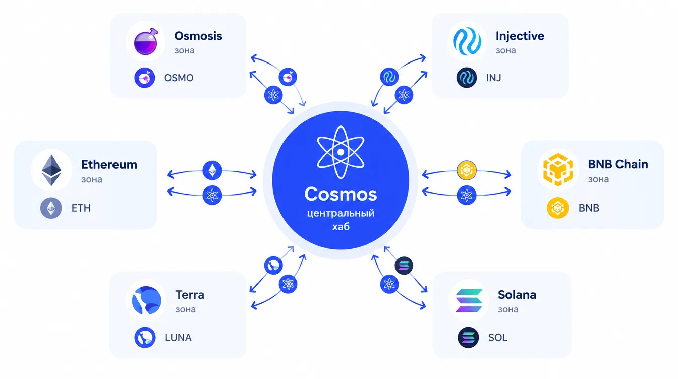 Схема: центральный хаб Cosmos и несколько подключённых блокчейнов-зон, между которыми идут стрелки обмена токенами