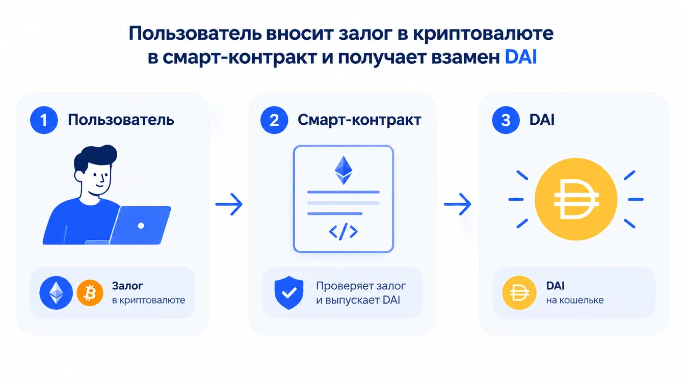 Схема: пользователь вносит залог в криптовалюте в смарт-контракт и получает взамен DAI