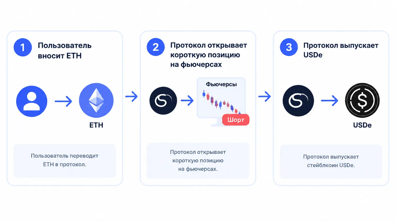 Схема: пользователь вносит ETH, протокол открывает короткую позицию на фьючерсах и выпускает USDe