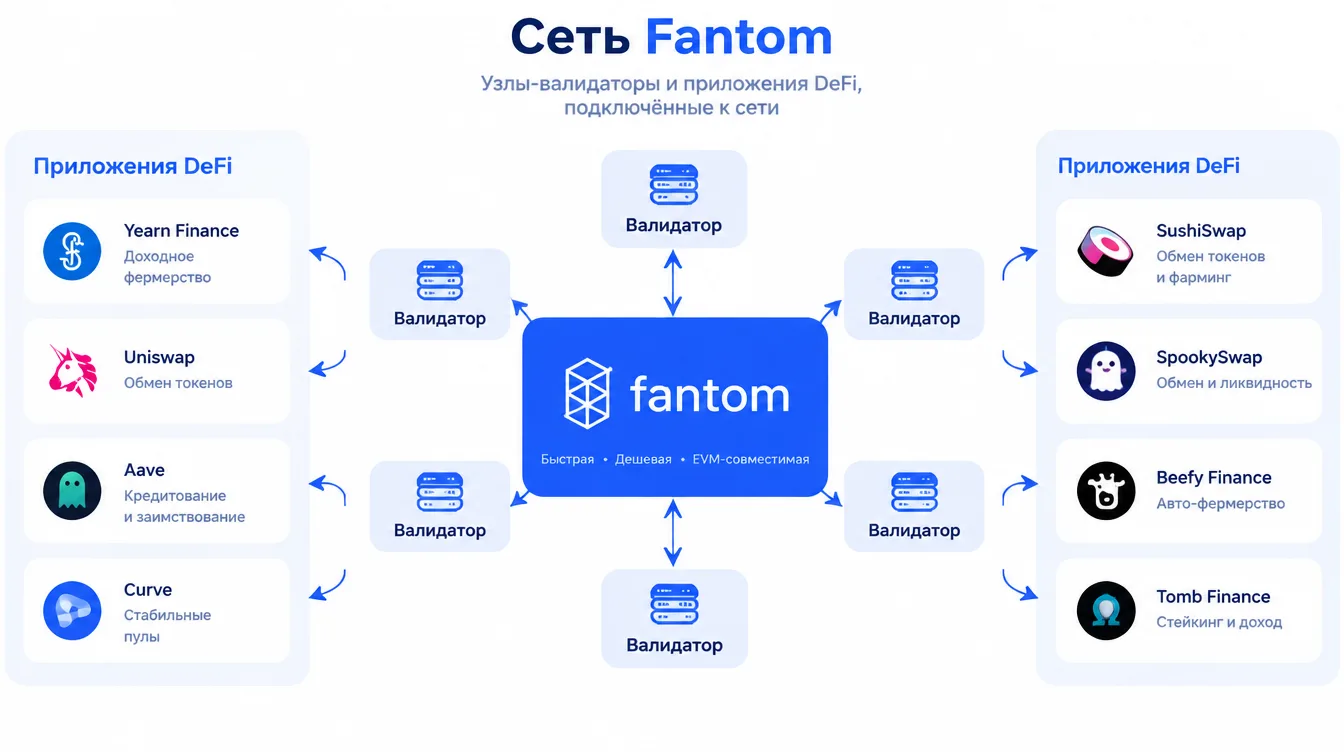 Схема: сеть Fantom с узлами-валидаторами и приложениями децентрализованных финансов, подключёнными к ней