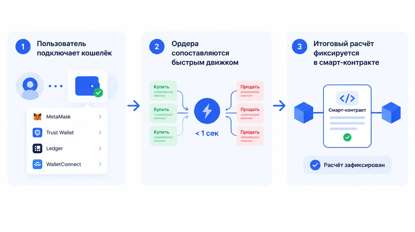 Схема: пользователь подключает кошелёк, ордера сопоставляются быстрым движком, а итоговый расчёт фиксируется в смарт-контракте