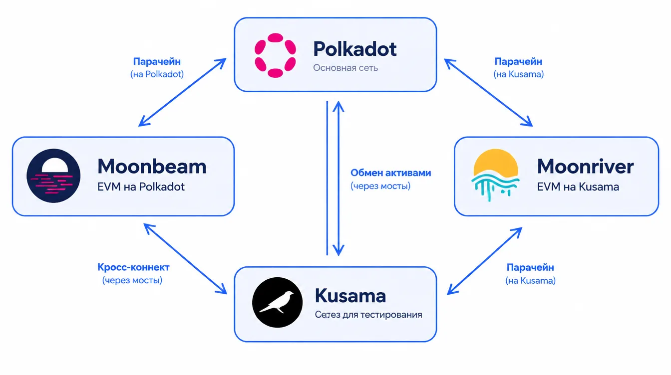 Схема: отношения сетей Polkadot, Kusama, Moonbeam и Moonriver со стрелками между ними