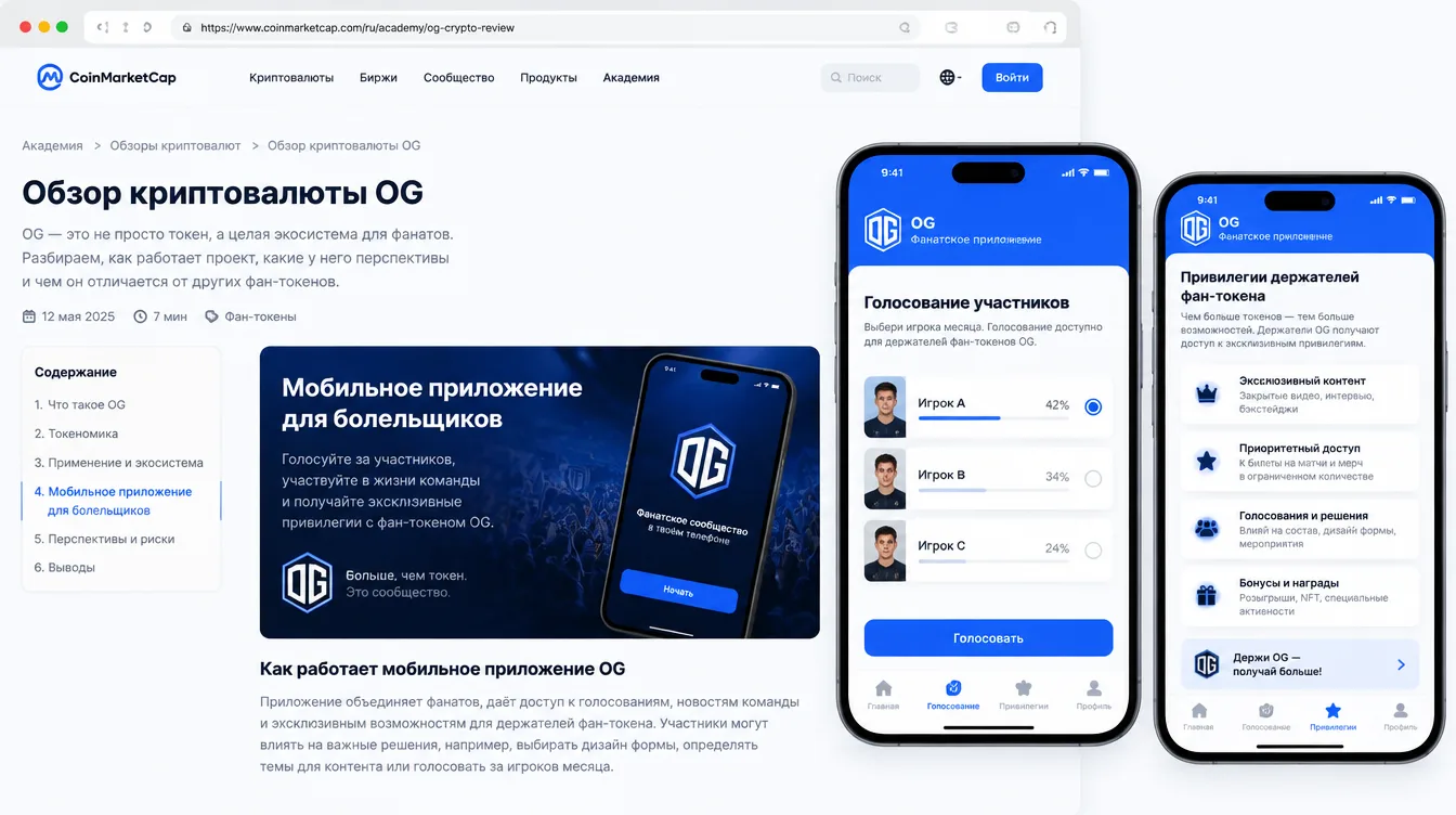 Скриншот: мобильное приложение для болельщиков с голосованием участников и списком привилегий держателей фан-токена