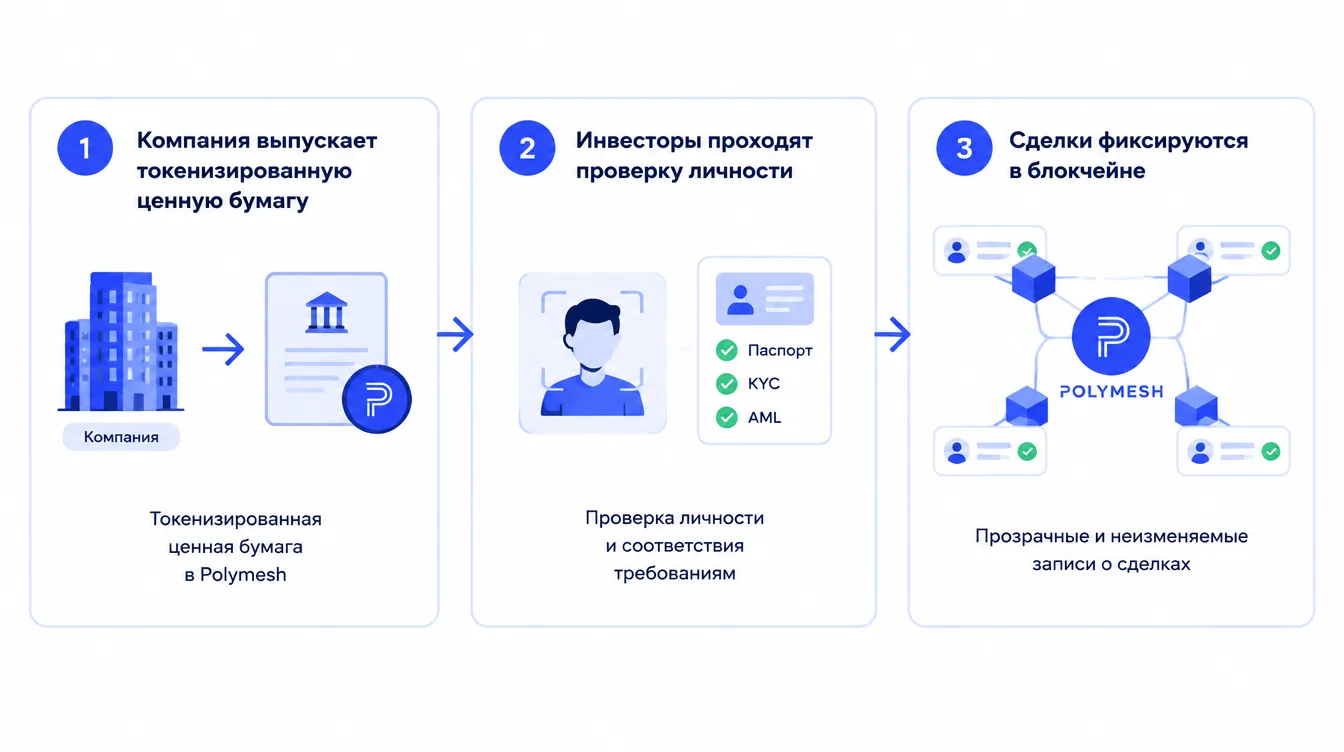Схема: компания выпускает токенизированную ценную бумагу в Polymesh, инвесторы проходят проверку личности, сделки фиксируются в блокчейне