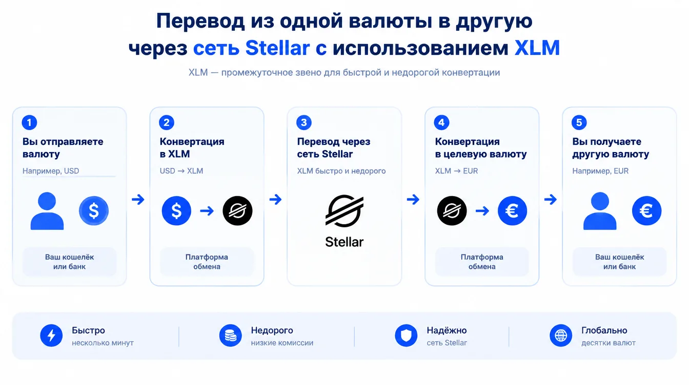 Схема: перевод из одной валюты в другую через сеть Stellar с использованием XLM как промежуточного звена