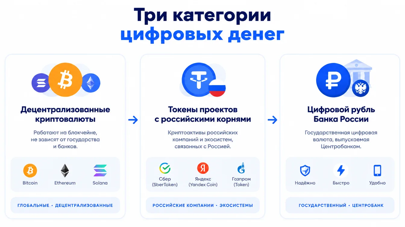 Схема: три категории цифровых денег — децентрализованные криптовалюты, токены проектов с российскими корнями и цифровой рубль Банка России