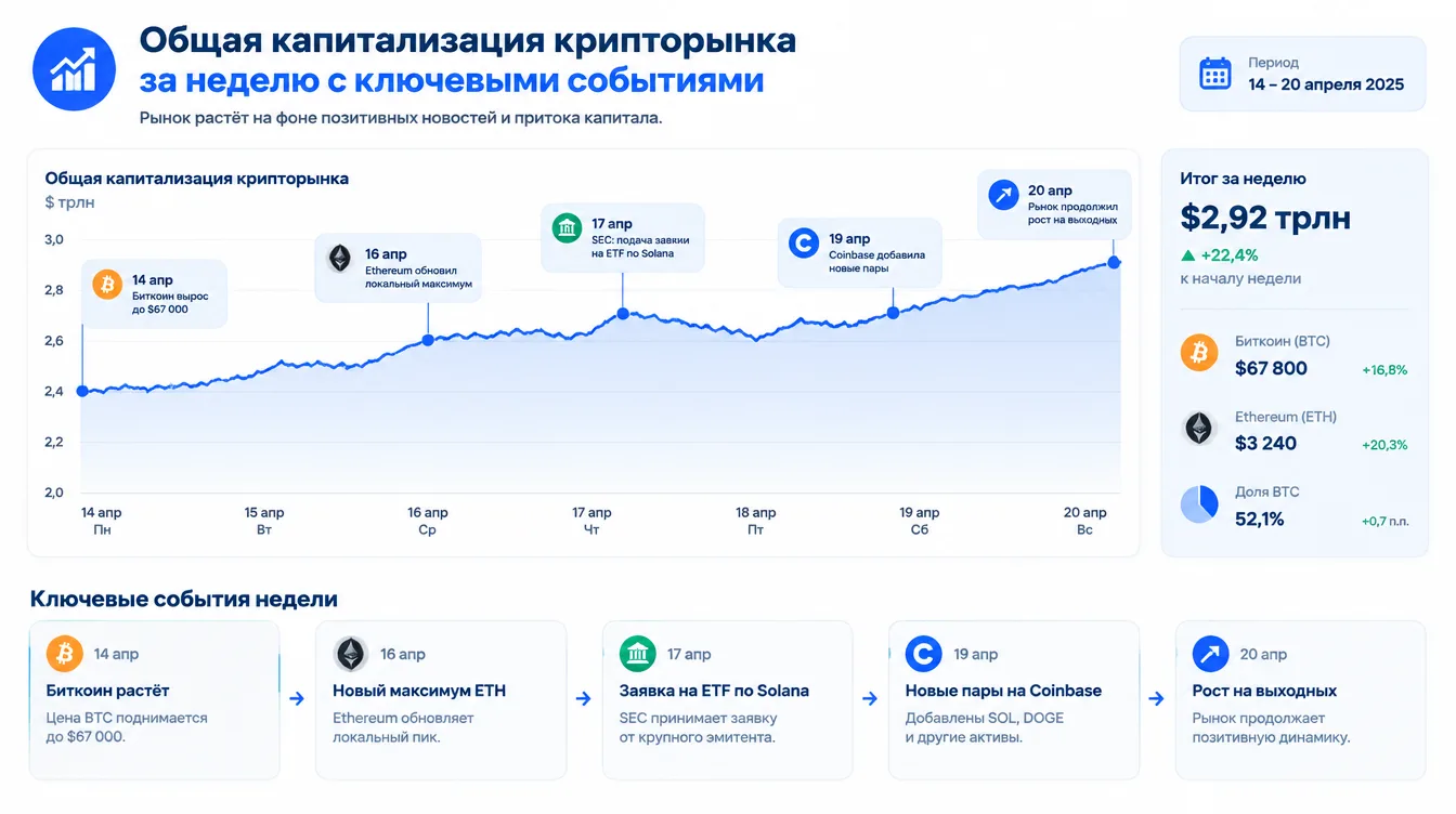 Инфографика: график общей капитализации крипторынка за неделю с отметками ключевых событий