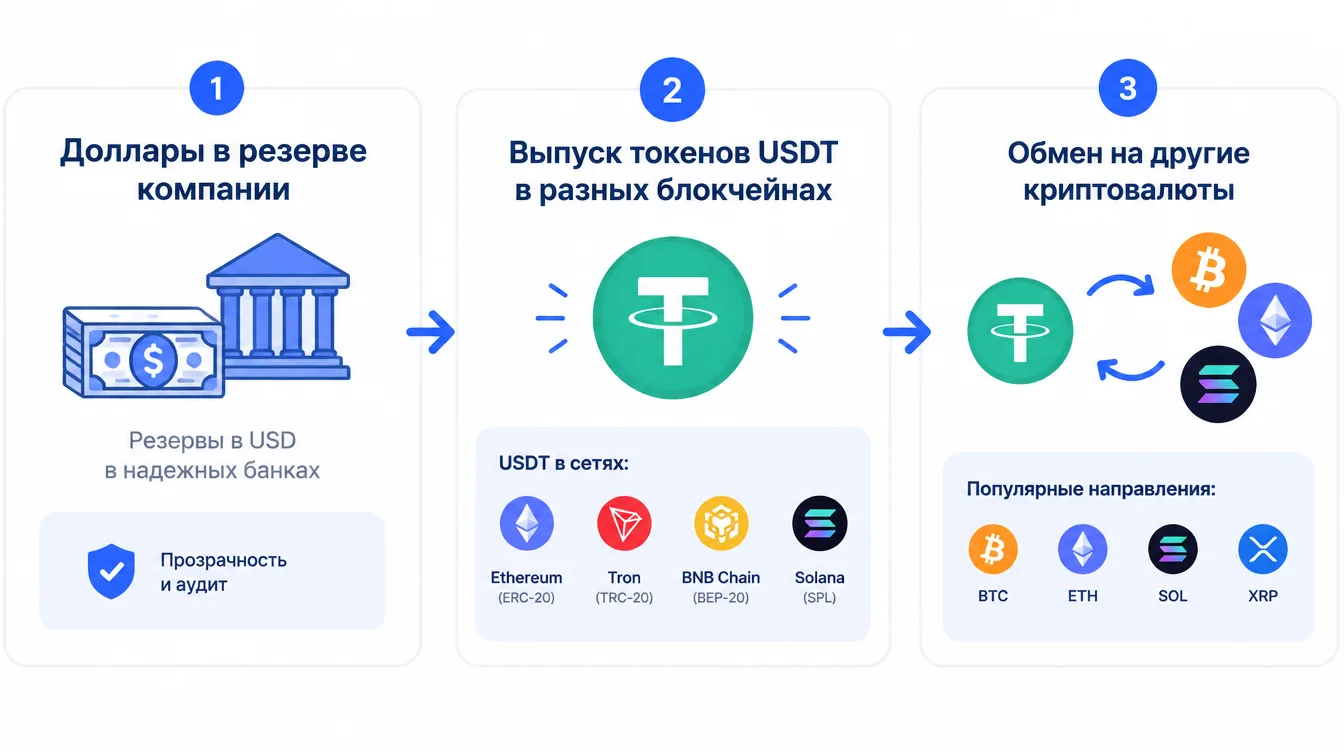 Схема: доллары в резерве компании, выпуск токенов USDT в разных блокчейнах и обмен на другие криптовалюты