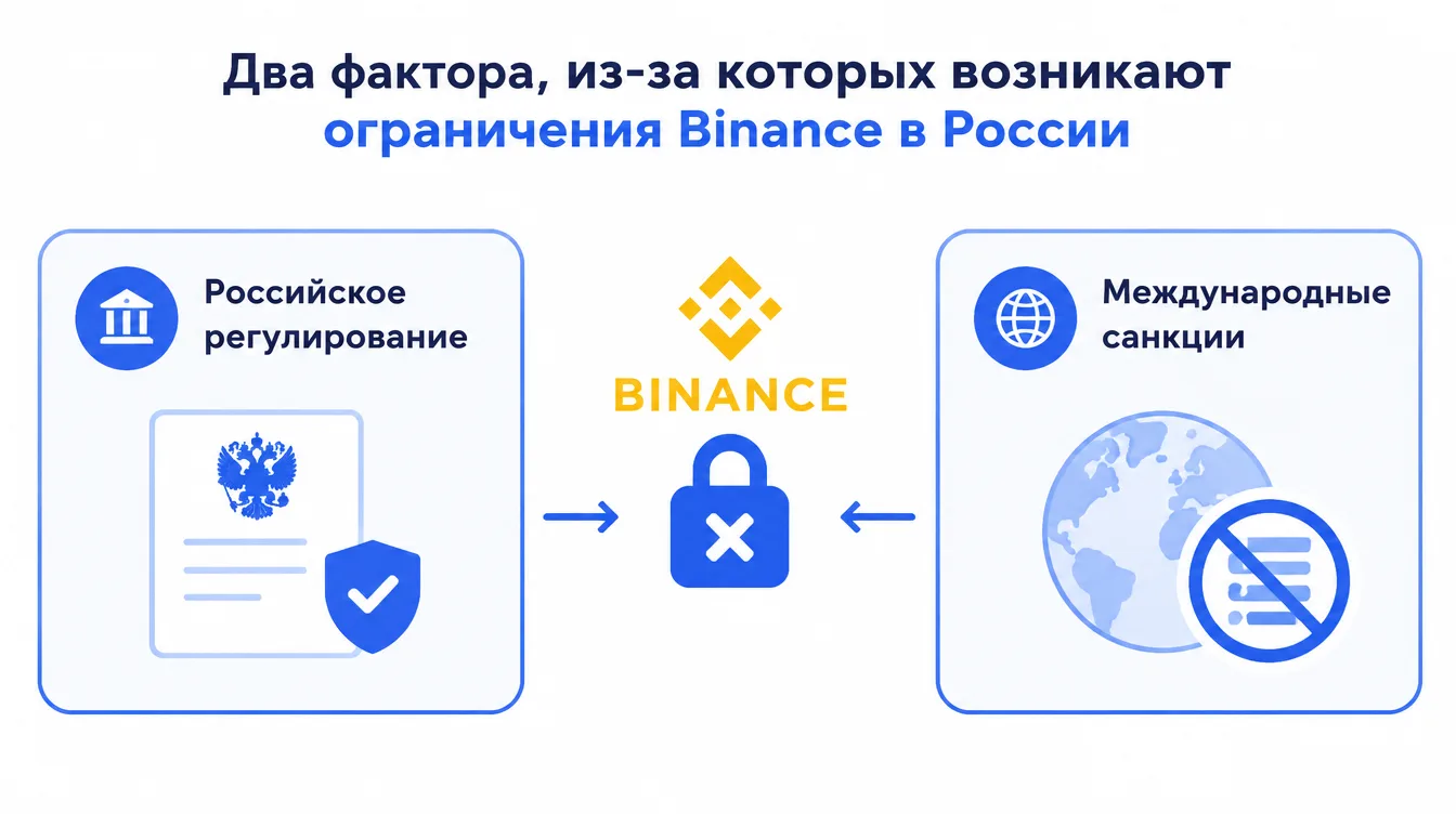 Схема: два фактора, из-за которых возникают ограничения Binance в России — российское регулирование и международные санкции