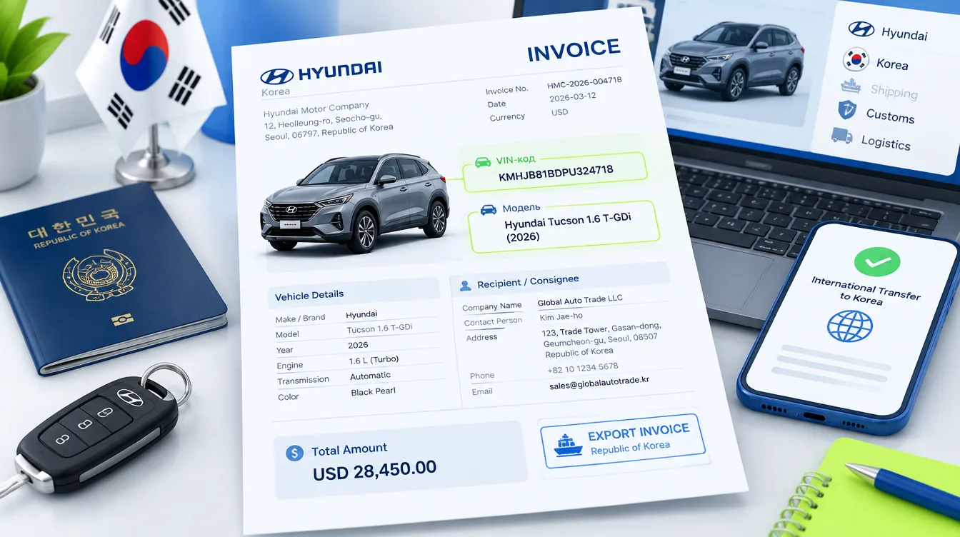 Иллюстрация: инвойс на автомобиль из Южной Кореи с отмеченными VIN-кодом, моделью и реквизитами получателя