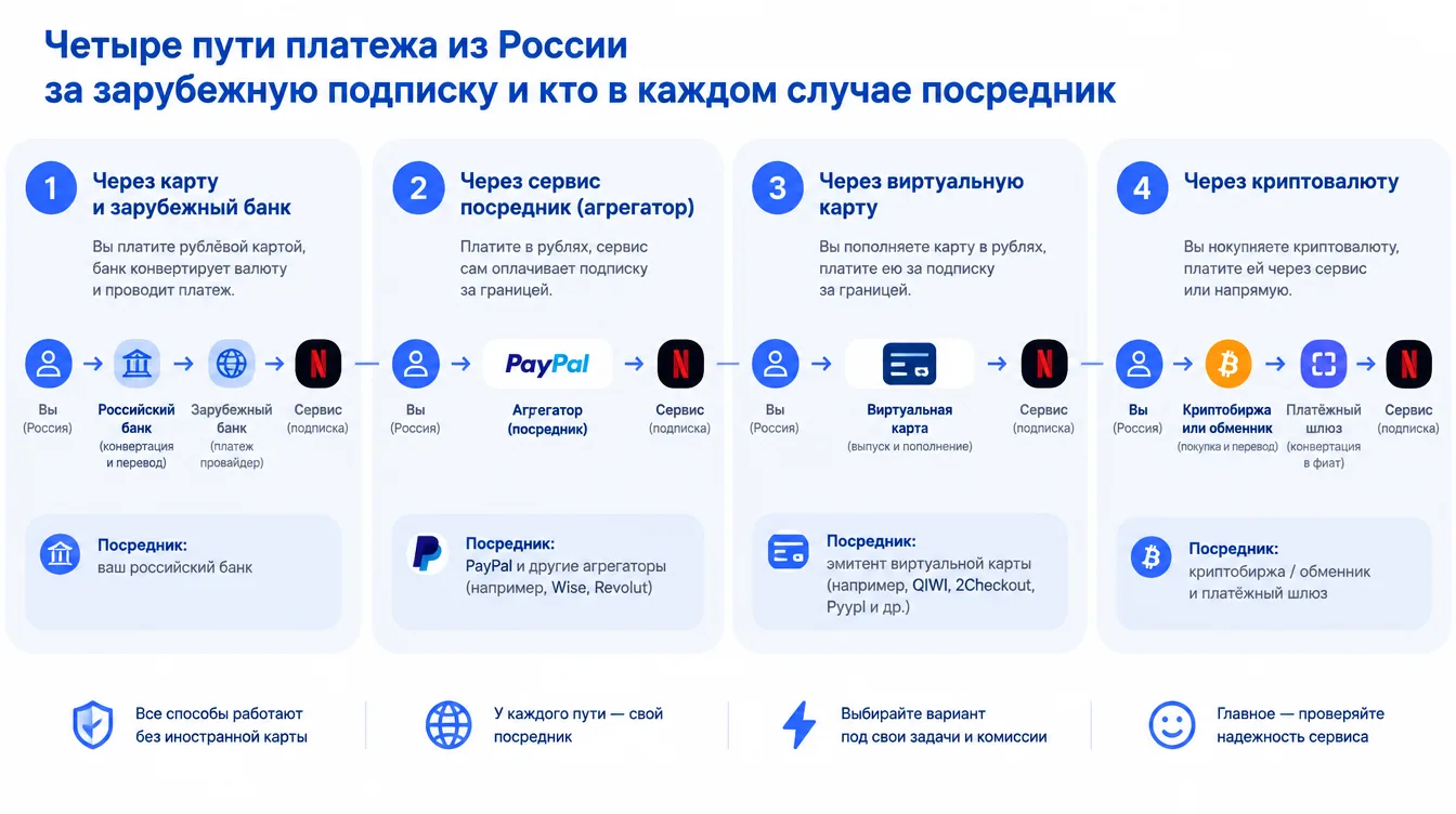 Схема: четыре пути платежа из России за зарубежную подписку и кто в каждом случае посредник