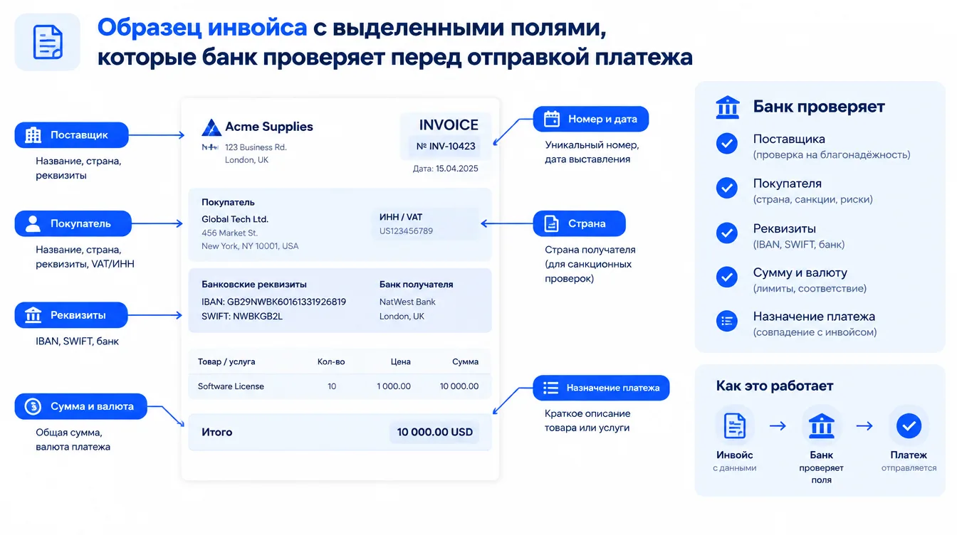 Скриншот-схема: образец инвойса с выделенными полями, которые банк проверяет перед отправкой платежа