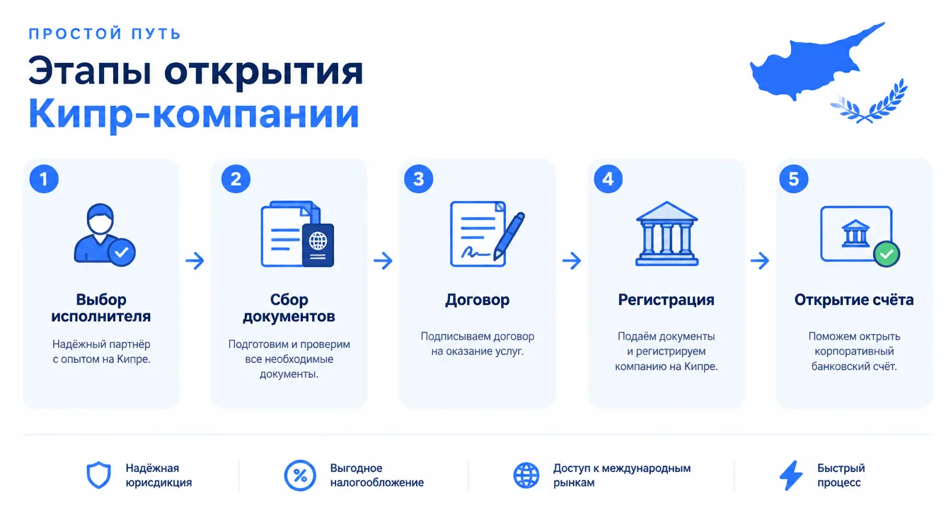 Схема: этапы открытия Кипр-компании — выбор исполнителя, сбор документов, договор, регистрация и открытие счёта