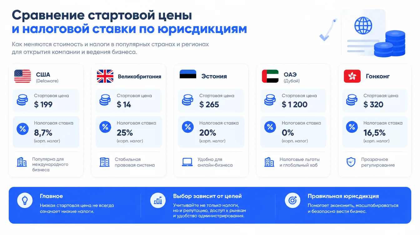 Схема: сравнение стартовой цены и налоговой ставки по юрисдикциям