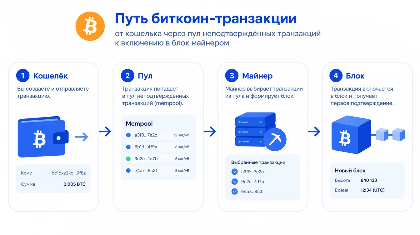 Схема: путь биткоин-транзакции от кошелька через пул неподтверждённых транзакций к включению в блок майнером