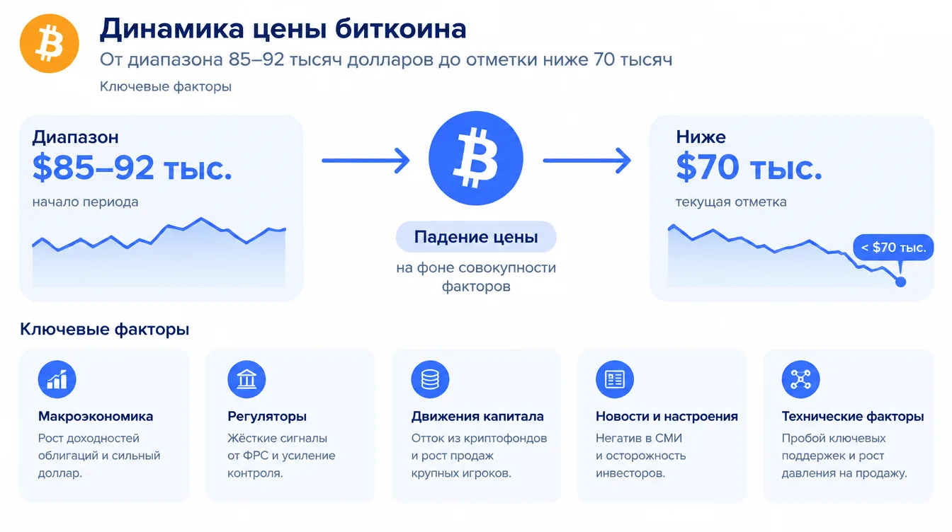 График: динамика цены биткоина от диапазона 85–92 тысяч долларов до отметки ниже 70 тысяч с пометками ключевых факторов