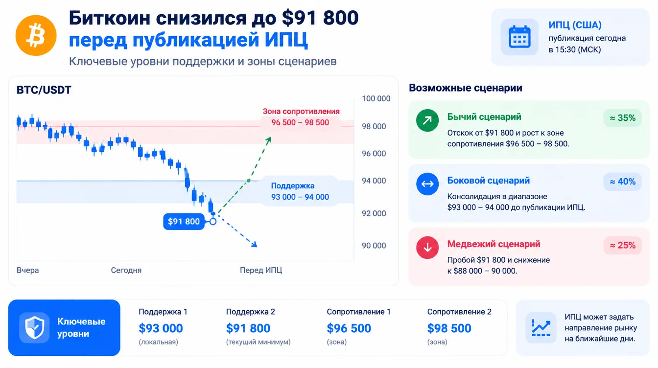 График: снижение биткоина до $91 800 перед публикацией ИПЦ с отмеченными уровнями поддержки и зонами сценариев