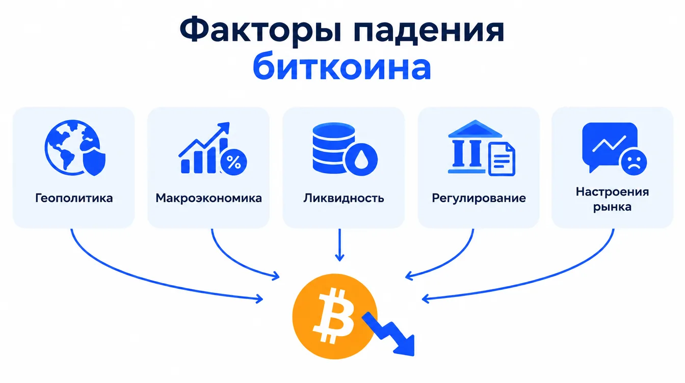 Инфографика: факторы падения биткоина — геополитика, макроэкономика, ликвидность, регулирование и настроения рынка