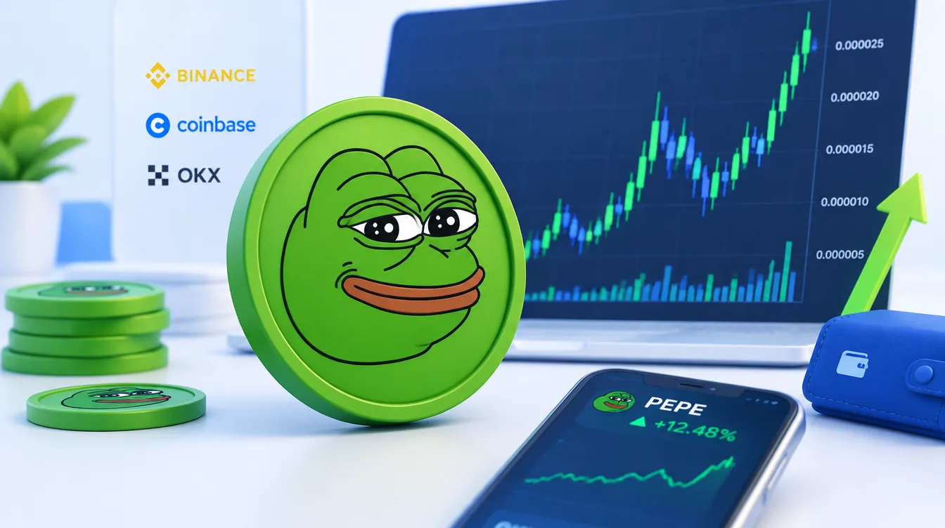 Иллюстрация: мемкоин PEPE с изображением лягушонка на фоне графика цены с резкими скачками