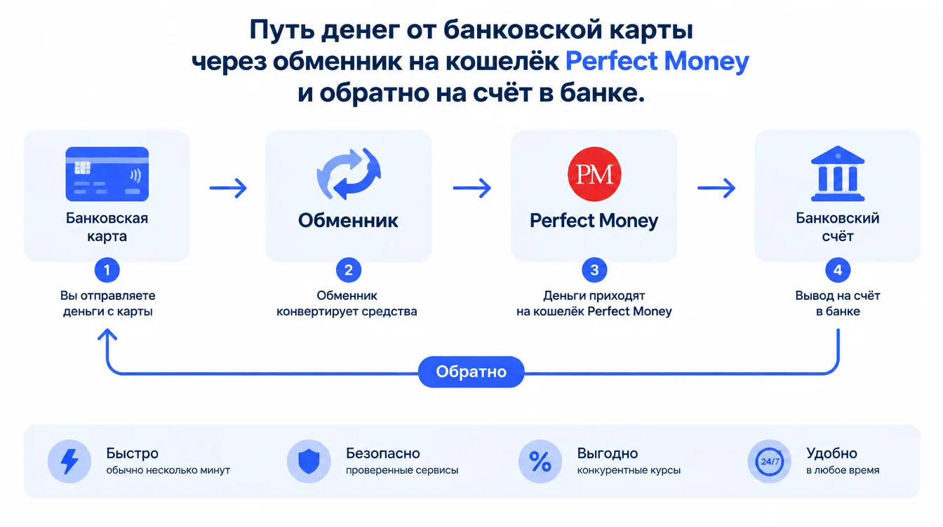 Схема: путь денег от банковской карты через обменник на кошелёк Perfect Money и обратно на счёт в банке