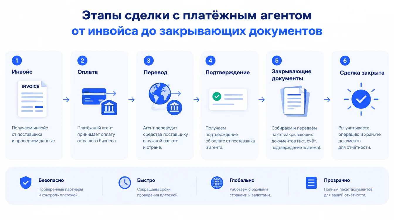 Схема: этапы сделки с платёжным агентом от инвойса до закрывающих документов