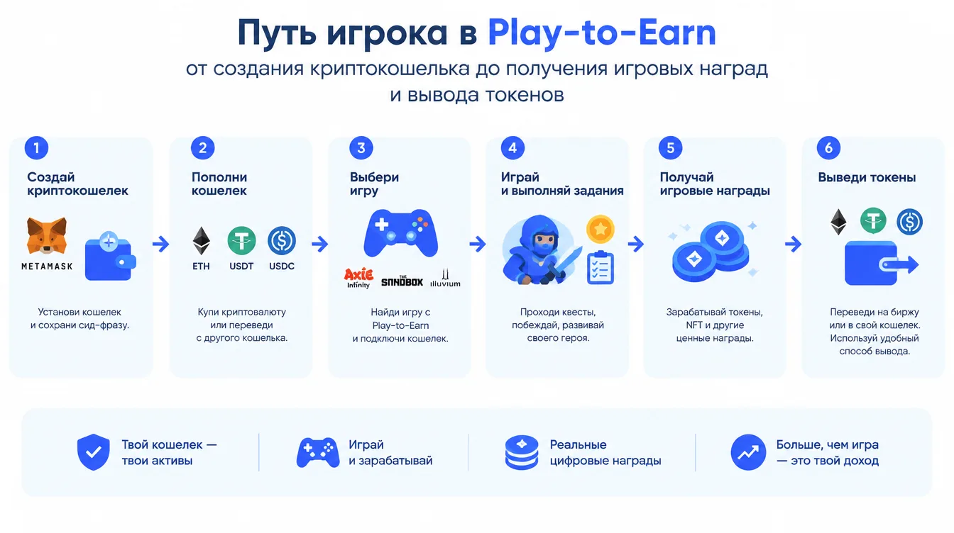 Схема: путь игрока в Play-to-Earn от создания криптокошелька до получения игровых наград и вывода токенов