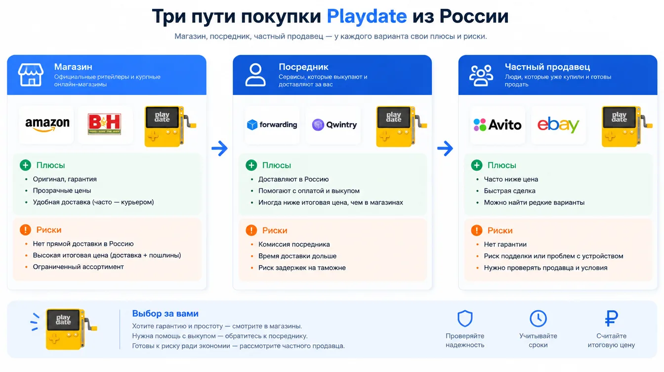 Схема: три пути покупки Playdate из России — магазин, посредник, частный продавец — с плюсами и рисками каждого