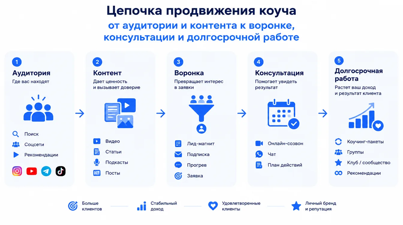 Схема: цепочка продвижения коуча от аудитории и контента к воронке, консультации и долгосрочной работе