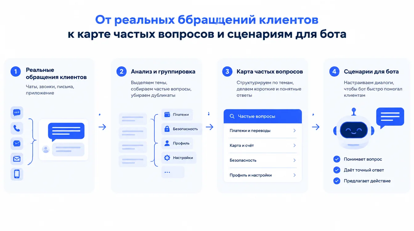 Схема: от реальных обращений клиентов к карте частых вопросов и сценариям для бота