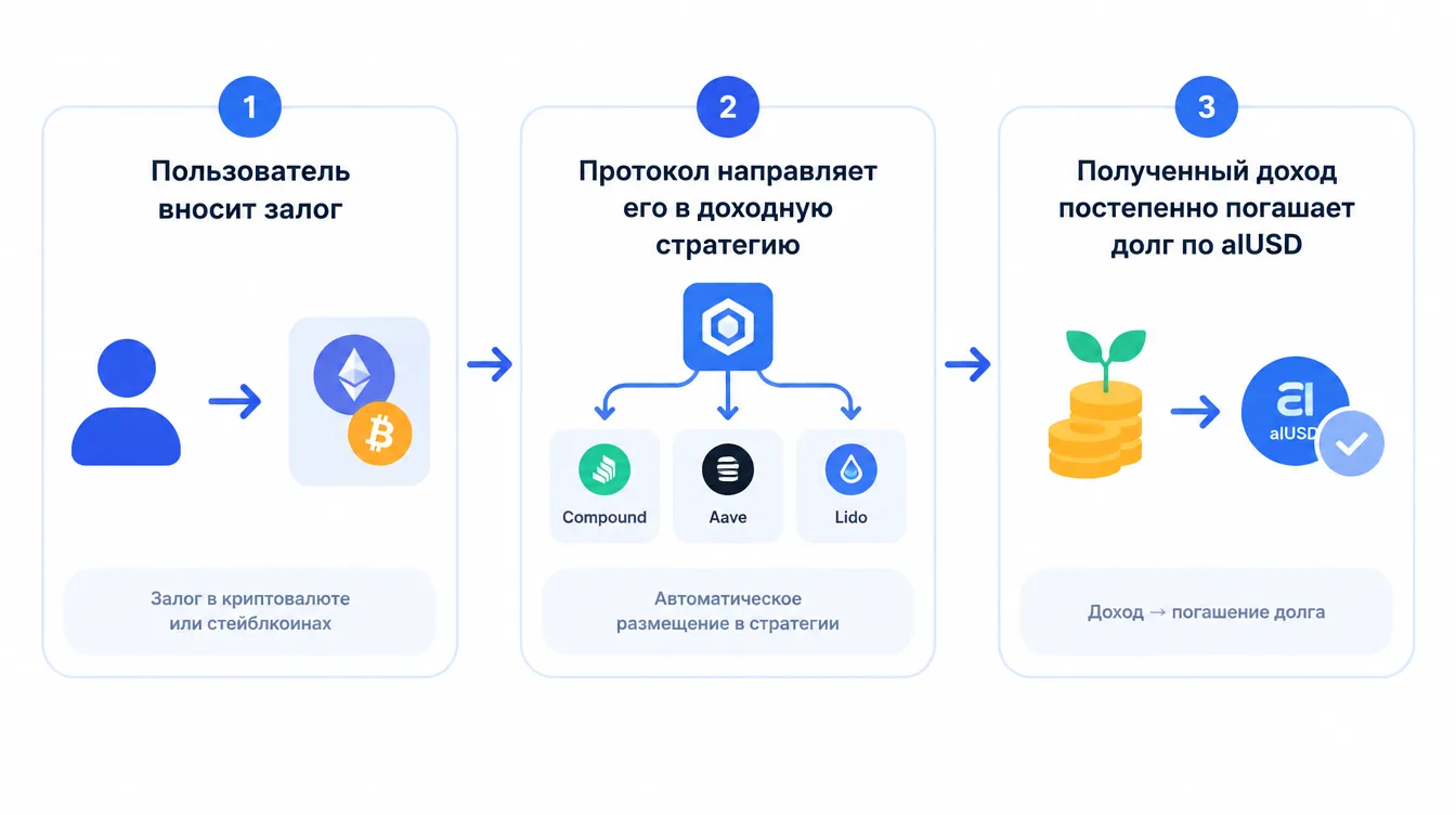 Схема: пользователь вносит залог, протокол направляет его в доходную стратегию, а полученный доход постепенно погашает долг по alUSD
