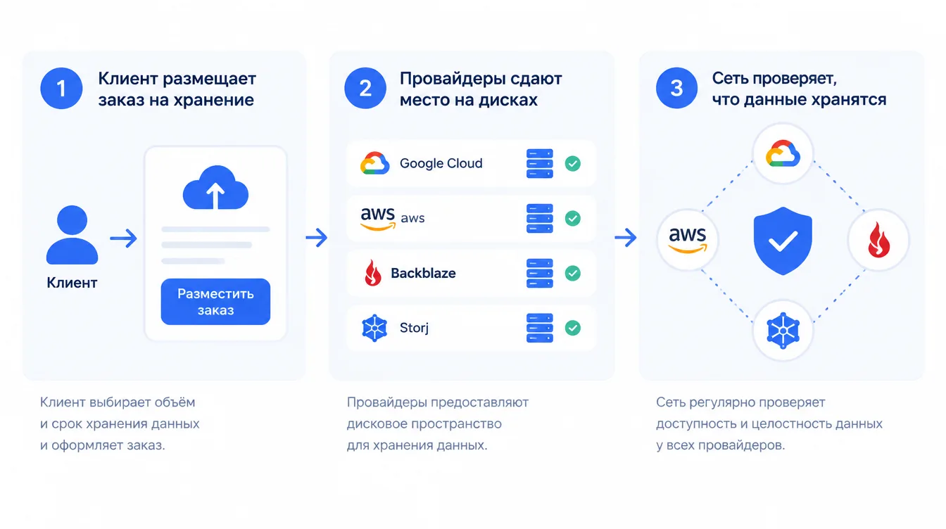 Схема: клиент размещает заказ на хранение, провайдеры сдают место на дисках, а сеть проверяет, что данные действительно хранятся