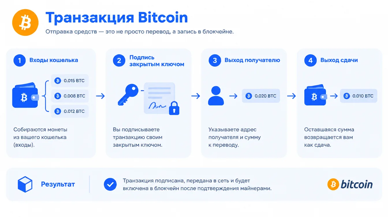 Схема: транзакция Bitcoin — входы кошелька, подпись закрытым ключом, выход получателю и выход сдачи
