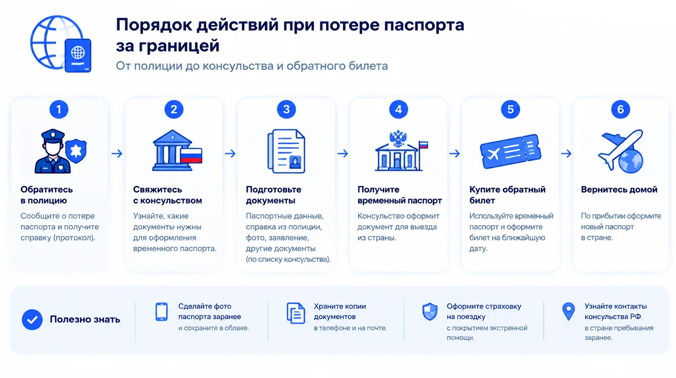 Схема: порядок действий при потере паспорта за границей от полиции до консульства и обратного билета
