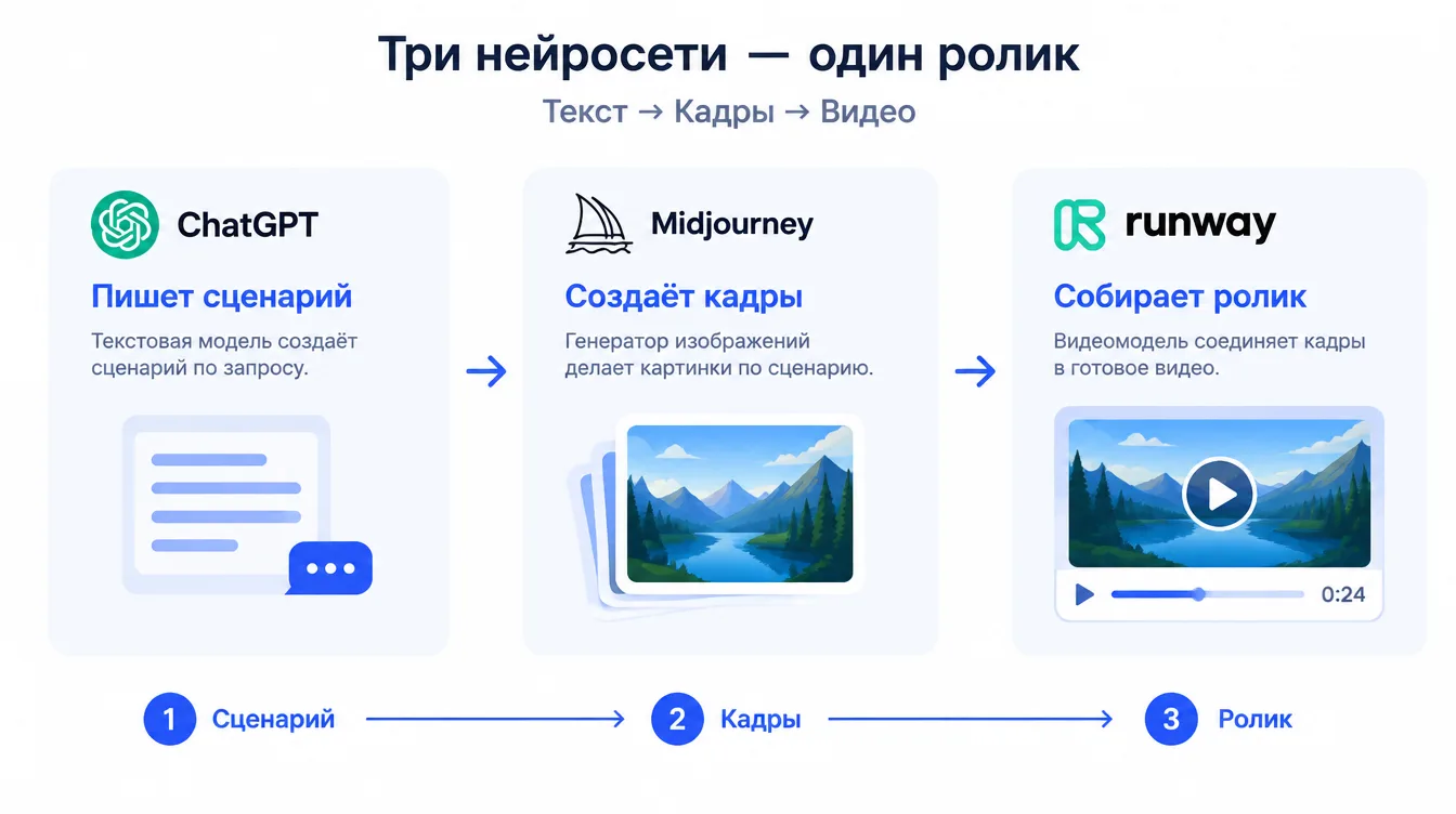 Схема: цепочка из трёх нейросетей, где текстовая модель пишет сценарий, генератор создаёт кадры, видеомодель собирает ролик