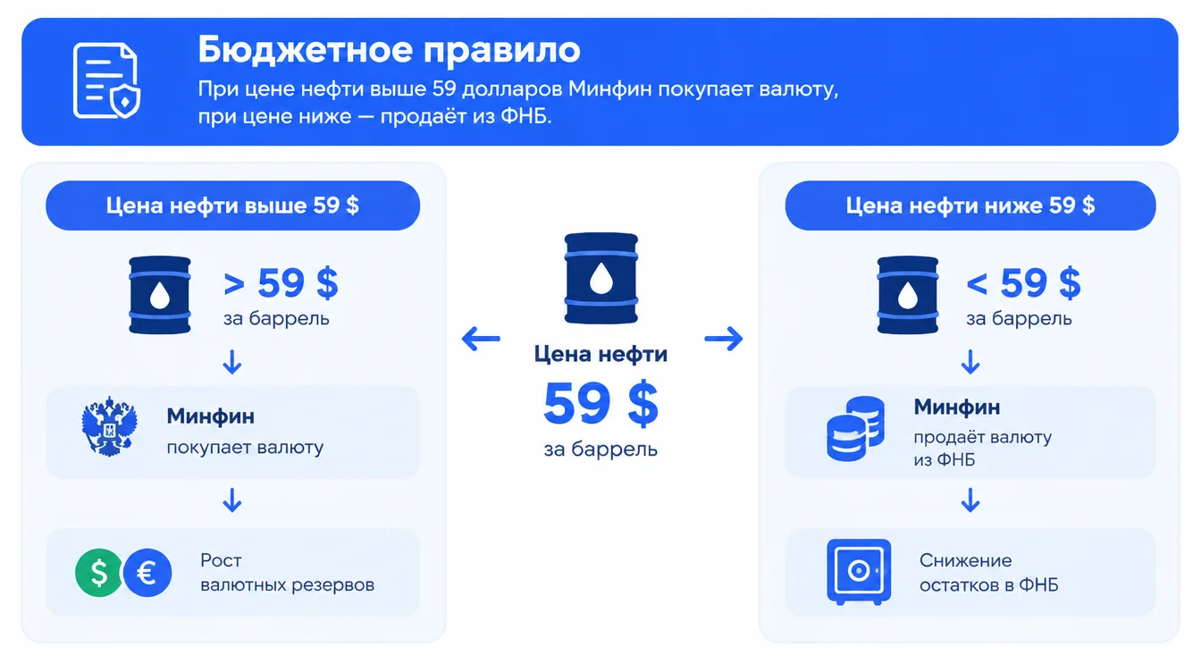 Схема: бюджетное правило — при цене нефти выше 59 долларов Минфин покупает валюту, при цене ниже — продаёт из ФНБ