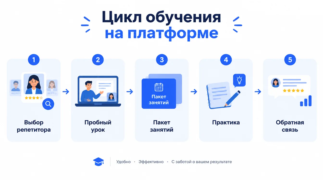 Схема: цикл обучения на платформе — выбор репетитора, пробный урок, пакет занятий, практика, обратная связь