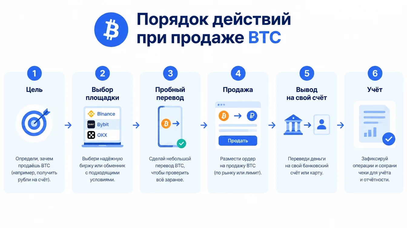 Схема: порядок действий при продаже BTC — цель, выбор площадки, пробный перевод, продажа, вывод на свой счёт, учёт