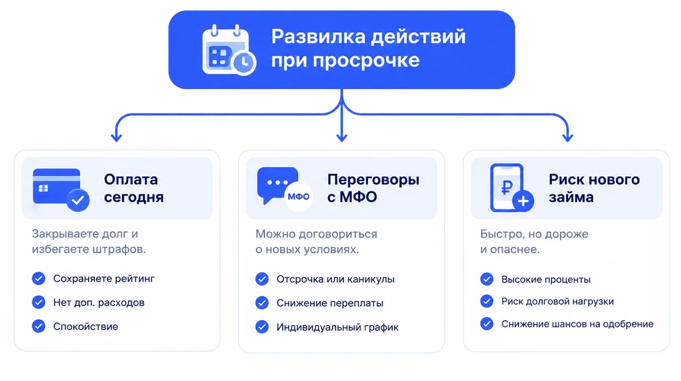 Схема: развилка действий при просрочке — оплата сегодня, переговоры с МФО, риск нового займа