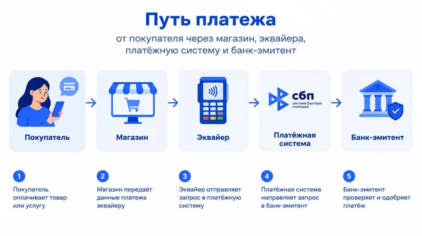 Схема: путь платежа от покупателя через магазин, эквайера, платёжную систему и банк-эмитент