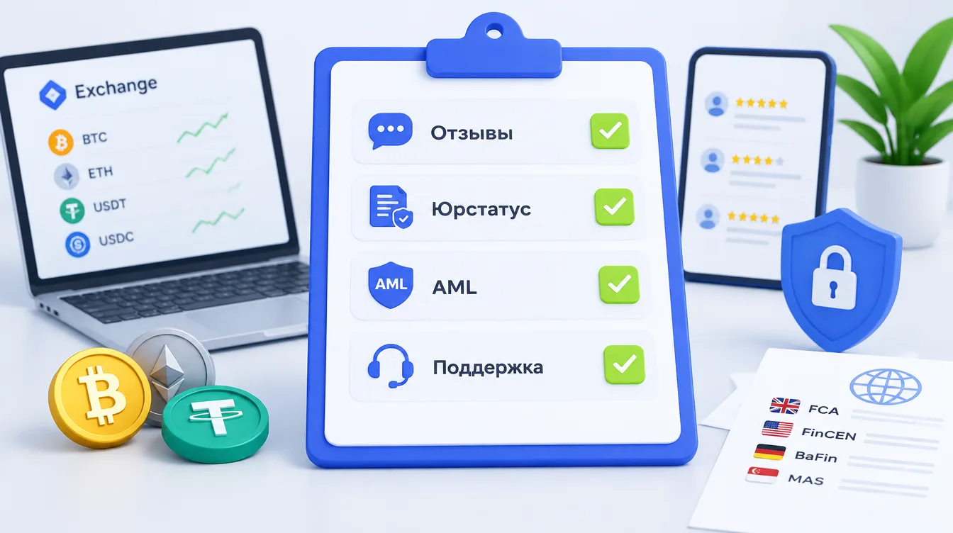 Иллюстрация: чек-лист проверки криптообменника с отметками напротив пунктов «отзывы», «юрстатус», «AML», «поддержка»