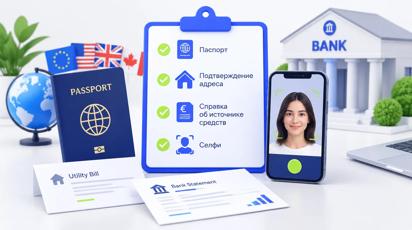 Иллюстрация: чек-лист документов для KYC — паспорт, подтверждение адреса, справка об источнике средств, селфи
