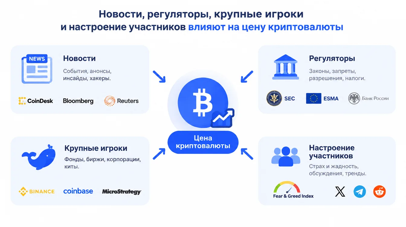 Схема: новости, регуляторы, крупные игроки и настроение участников влияют на цену криптовалюты
