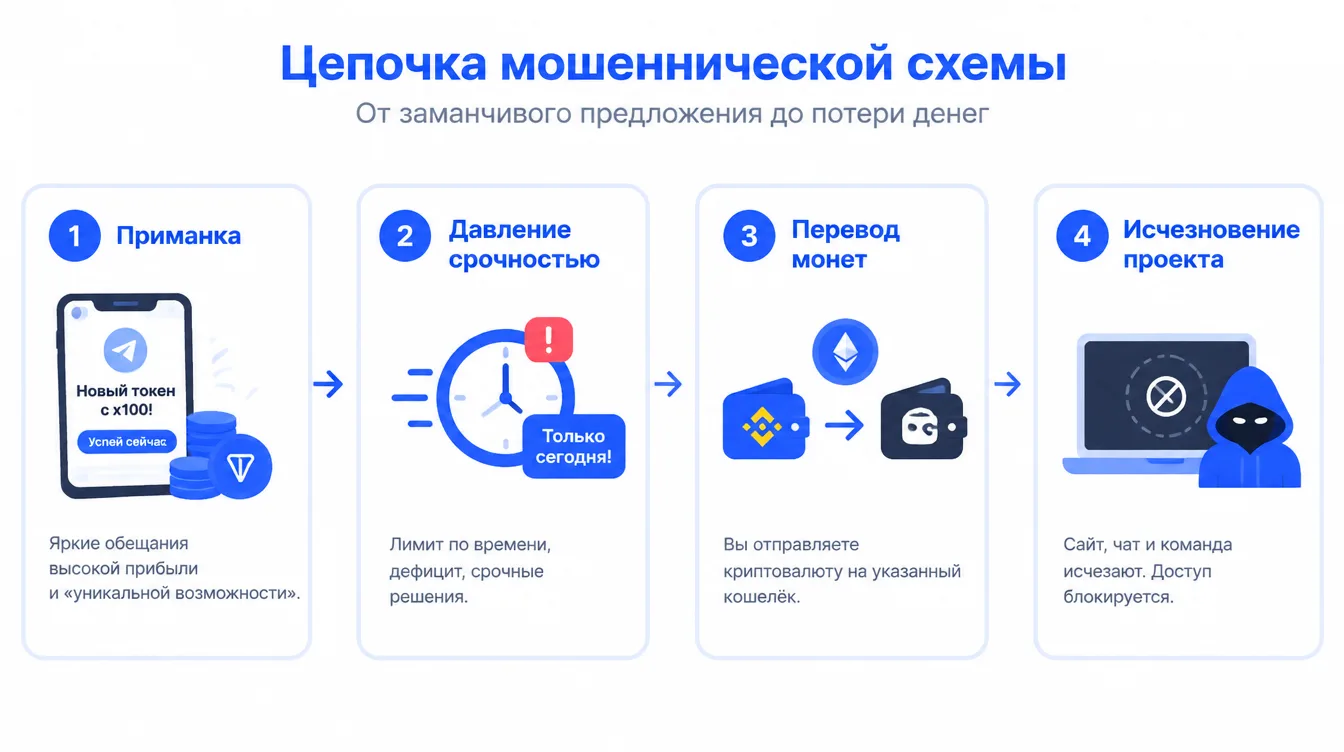 Схема: цепочка мошеннической схемы — приманка, давление срочностью, перевод монет, исчезновение проекта
