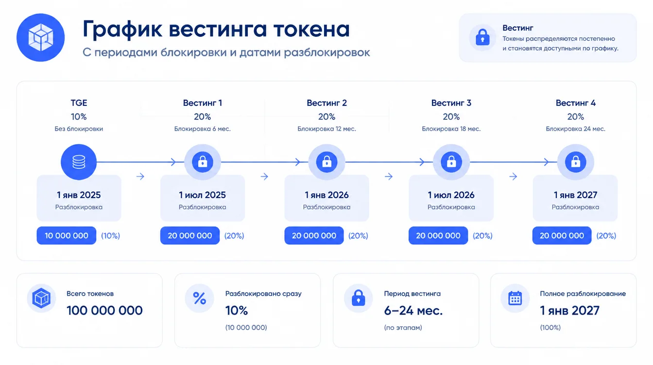 Схема: график вестинга токена с периодами блокировки и датами разблокировок